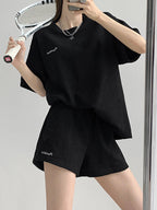 Short Sleeves Split-Joint Round-Neck T-Shirt + Elasticity Waist Shorts Two Pieces Set