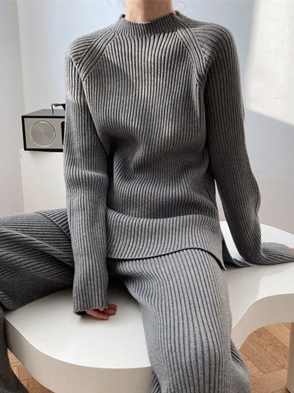 Loose Round-Neck Sweater& Wide Leg Pants