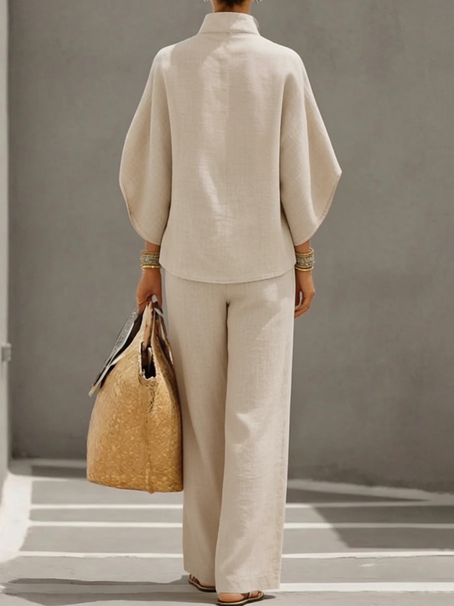 Collar Blouses+ High Waisted Pockets Pants Set