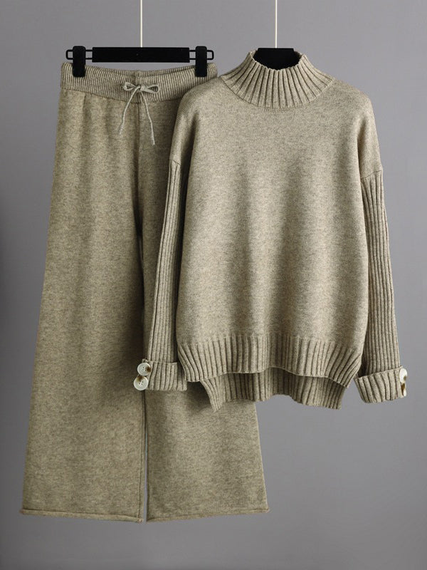 Solid Color Half Turtleneck Sweater  & Wide Leg Pants