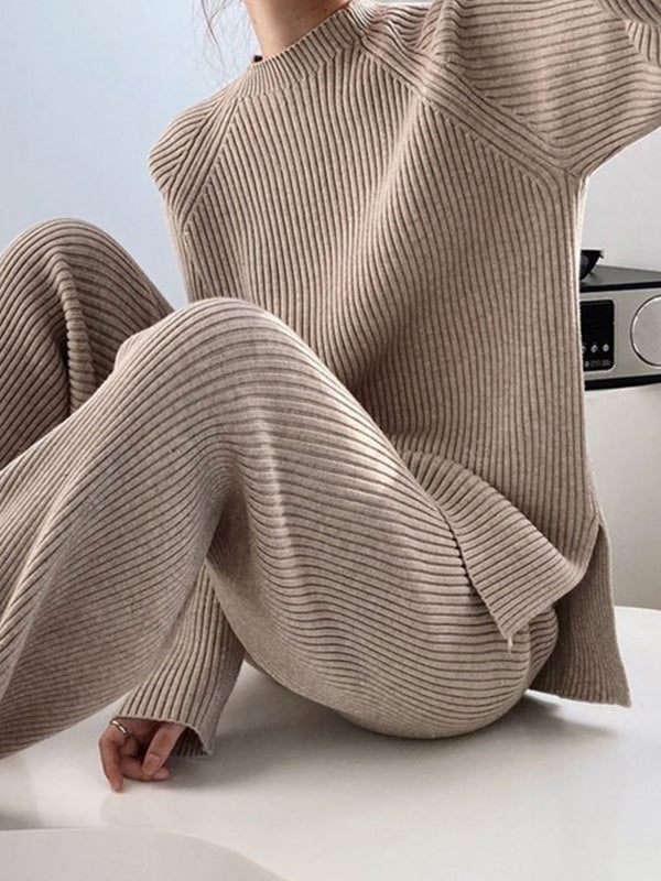 Loose Round-Neck Sweater& Wide Leg Pants