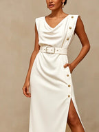 Loose Sleeveless Belted Buttoned Pockets Solid Color Split-Side V-Neck Midi Dresses