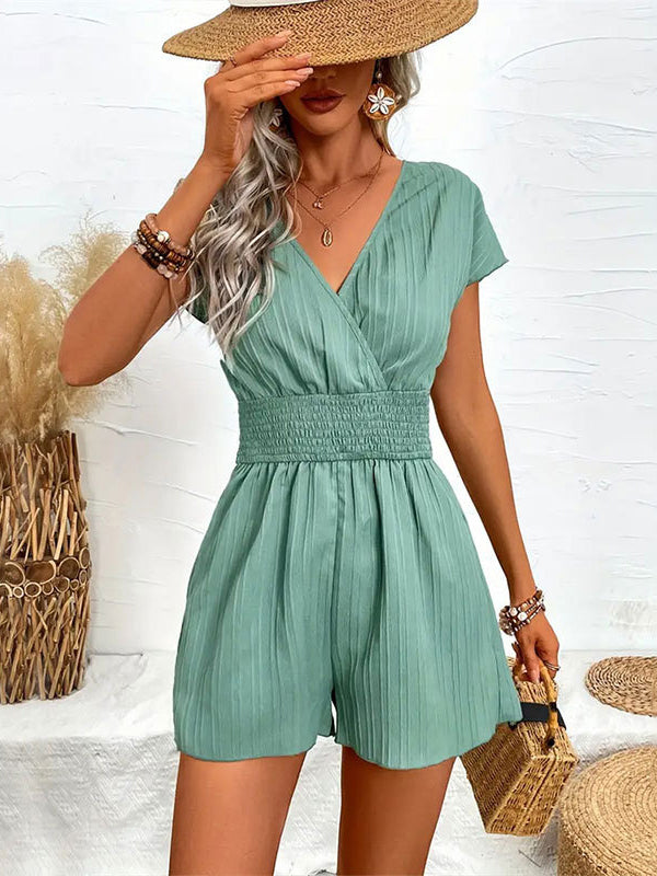 Raglan-sleeve-elasticity v-neck romper