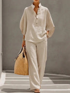 Collar Blouses+ High Waisted Pockets Pants Set