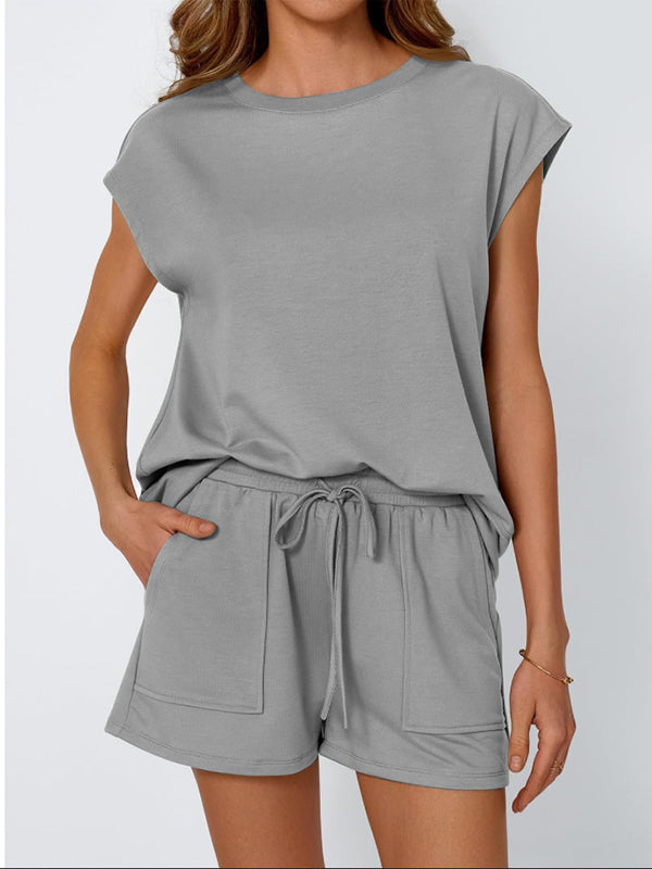Loose  Round-Neck T-Shirt + Drawstring Elasticity Short