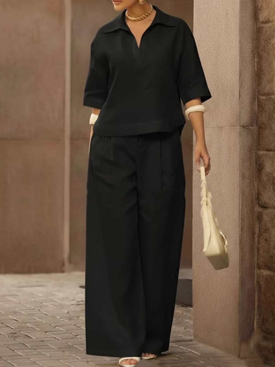Solid Color Half Sleeves Blouse+  High Waisted Pleated Trousers Set